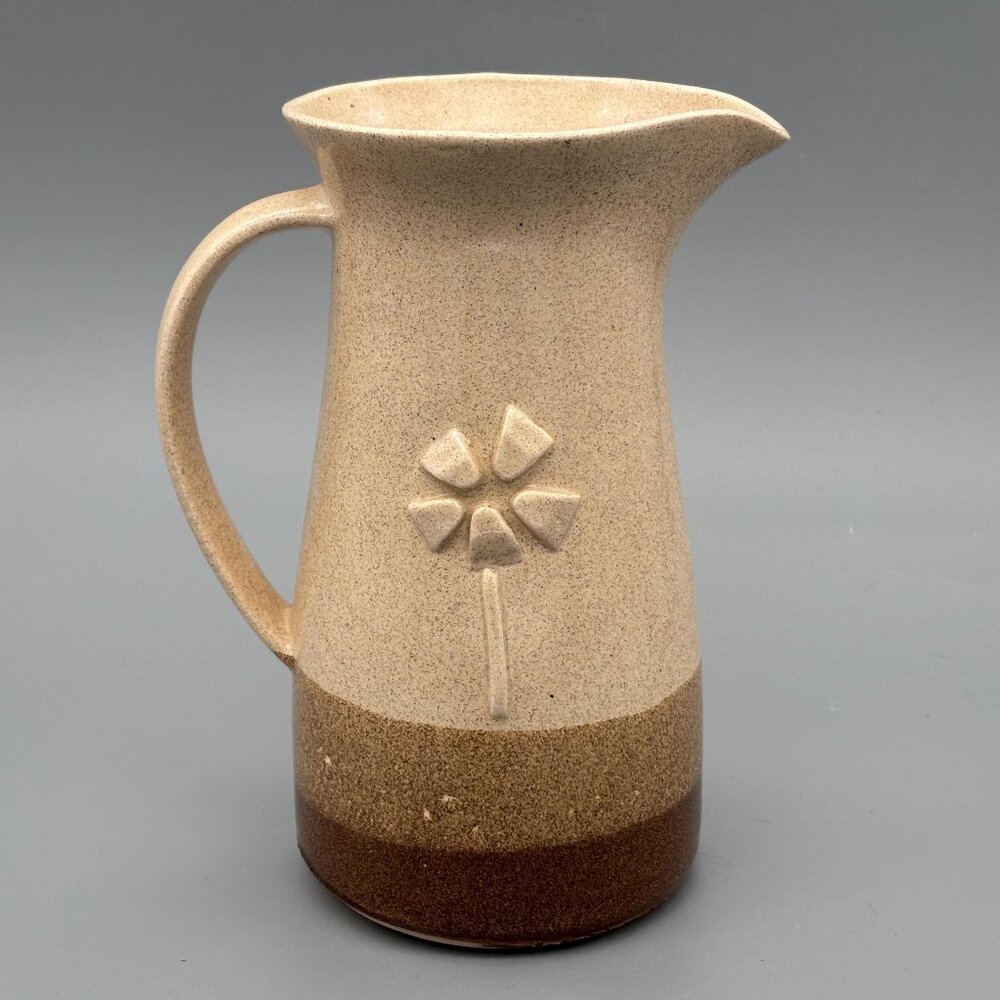 Vintage Studio Pottery Stoneware Pitcher with Incised Floral Design Rustic